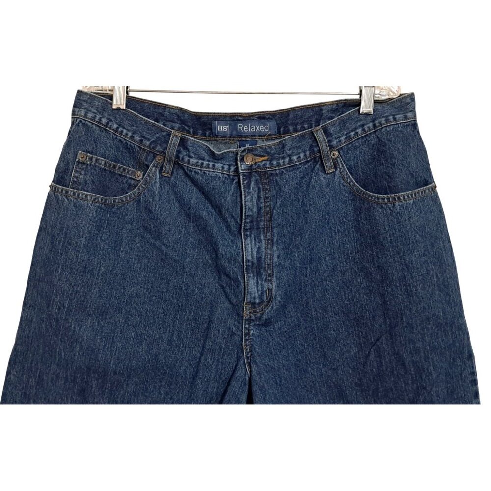 HS Relaxed Fit Jean Shorts Mens Size 38 Dark Blue Denim Longer Shorts Jorts - Picture 4 of 6